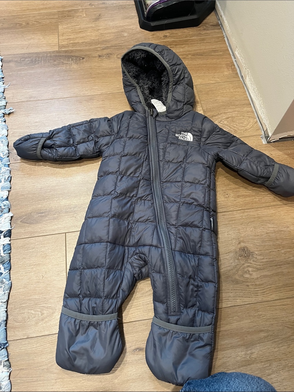 The North Face Navy Quilted Kids One-Piece Footie Snowsuit with Hood